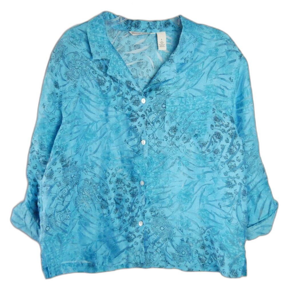 French Foundry Women's Size L Blue Semi Sheer Top 3/4 Long Sleeve Pocket Blouse